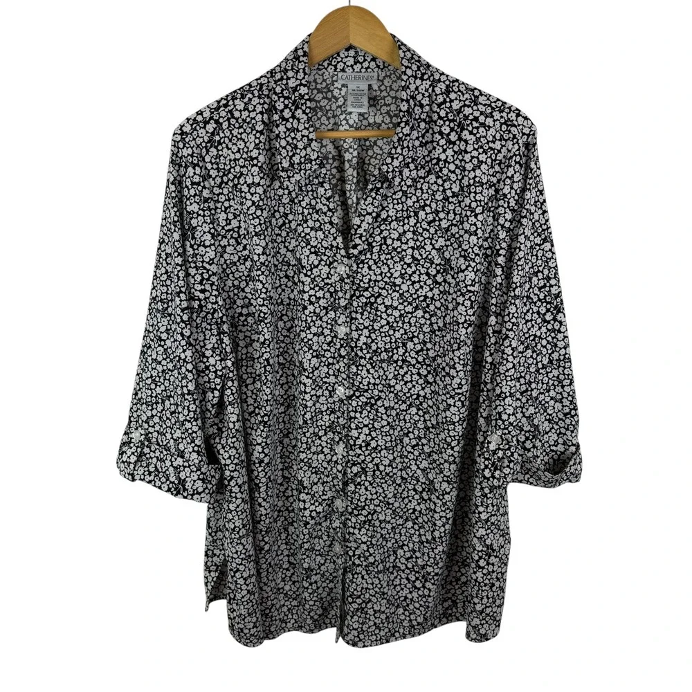 Catherines Black Floral Button Down Shirt Size 1X Comfy Stretch Office Neutral